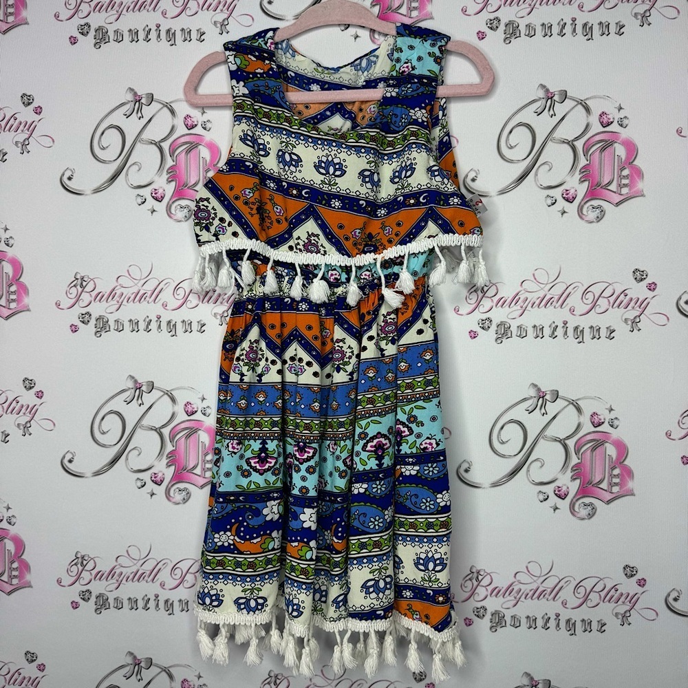 Dress boho tassle Aztec print tiered blue orange white Pom Pom tassles